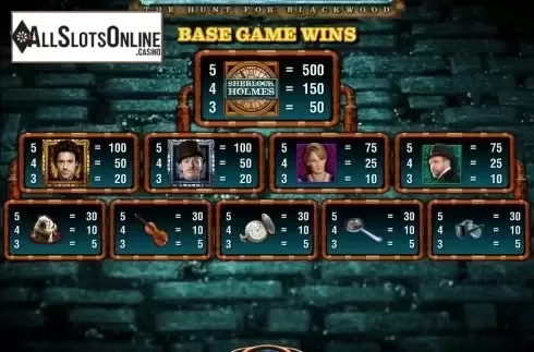 paytable. Sherlock Holmes The Hunt for Blackwood Slot from IGT