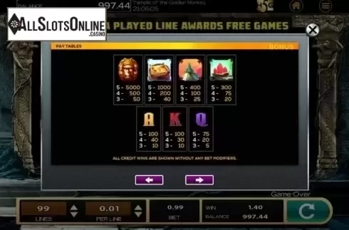 Paytable. Temple of the Golden Monkey from High 5 Games