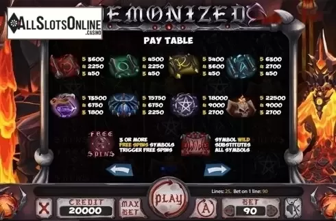 Paytable . Demonized from X Card