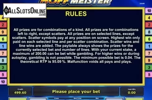 Paytable 3. Hoffmeister from Greentube