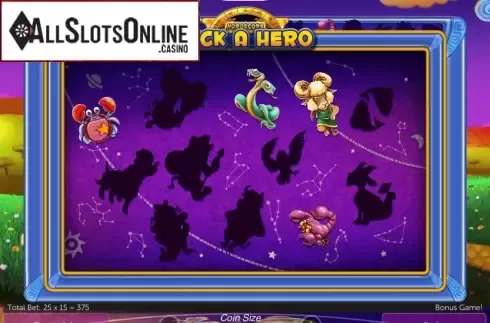 Pick A Hero screen. Horoscope Heroes from Gamesys