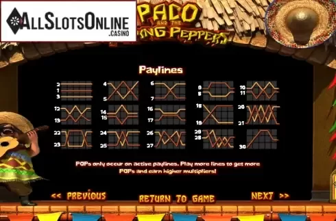 Paytable 3. Paco and the Popping Peppers from Betsoft