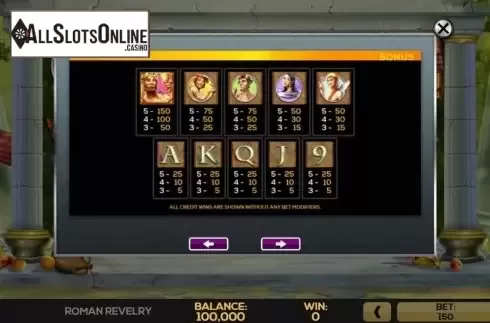Paytable. Roman Revelry from High 5 Games