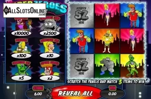 Game Screen. Super Zeroes from Microgaming