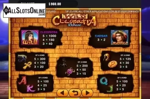 Paytable. Wild Cleopatra Deluxe from GMW