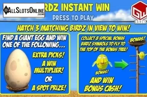 Start Screen. Birdz Instant Win from Games Warehouse