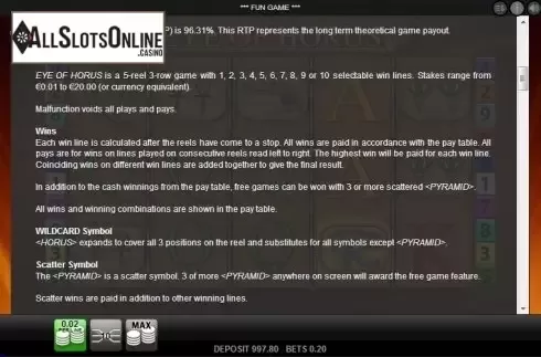 Paytable 3. Eye of Horus (Reel Time Gaming) from Reel Time Gaming