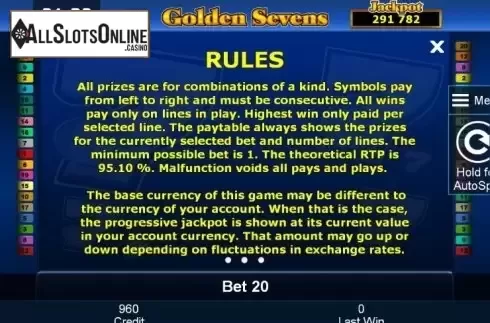Paytable 2. Golden Sevens (Green Tube) from Greentube