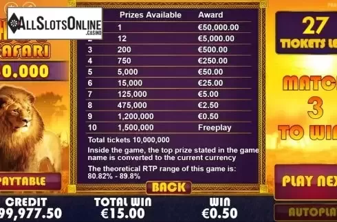 Paytable. Hot Safari Scratchcard from Pragmatic Play