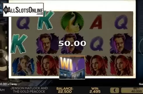 Win Screen. Jenson Matlock and the Gold Peacock from High 5 Games