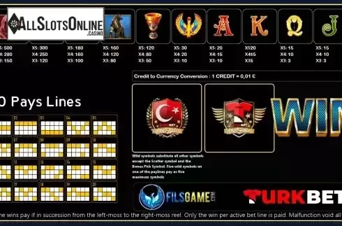 Paylines, paytable and features screen