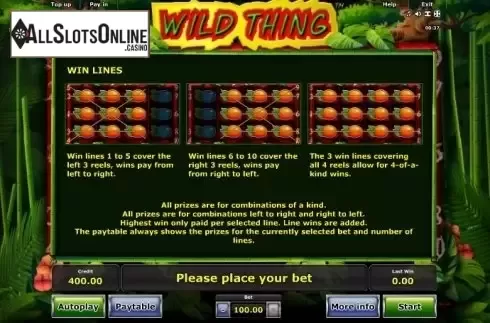 Paytable 2. Wild Thing from Greentube