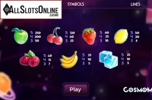 Paytable. CosmoMix from Spinmatic