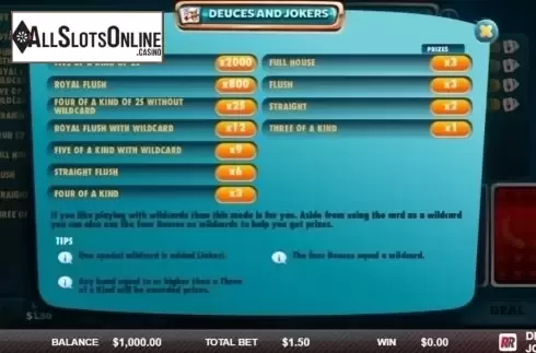 Paytable. Deuces & Jokers (Red Rake) from Red Rake