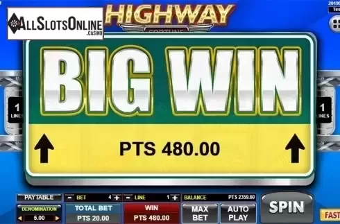 Big win screen. Highway Fortune from Spadegaming