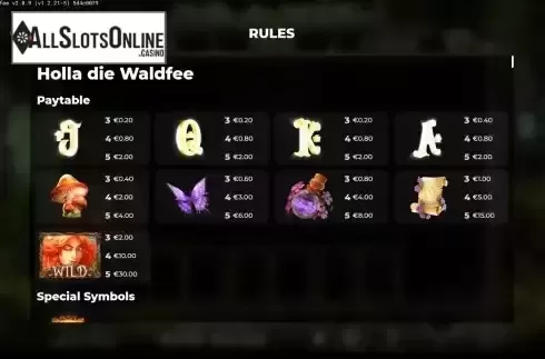 Paytable screen