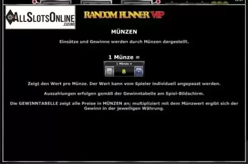 Paytable 1. Random Runner VIP from Greentube