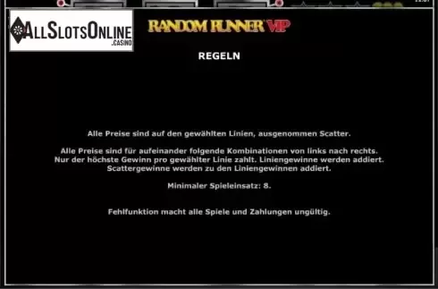 Paytable 6. Random Runner VIP from Greentube