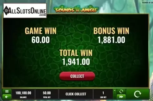Win screen. Sounds of Jungle from Playreels