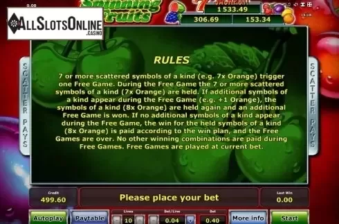 Paytable 2. Spinning Fruits (Green Tube) from Greentube