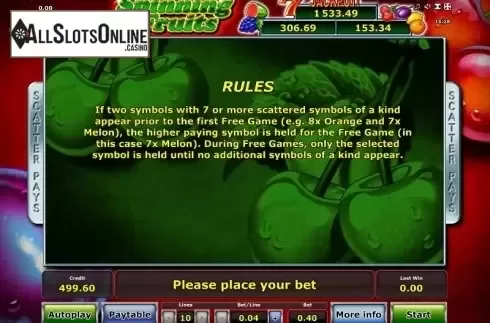 Paytable 3. Spinning Fruits (Green Tube) from Greentube
