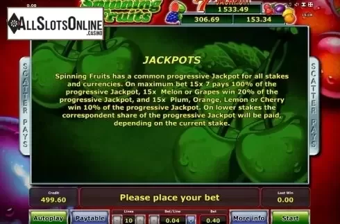 Paytable 4. Spinning Fruits (Green Tube) from Greentube