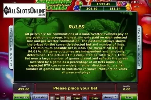 Paytable 5. Spinning Fruits (Green Tube) from Greentube