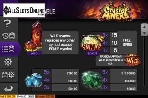 Paytable 1. Crystal Miners from Apollo Games