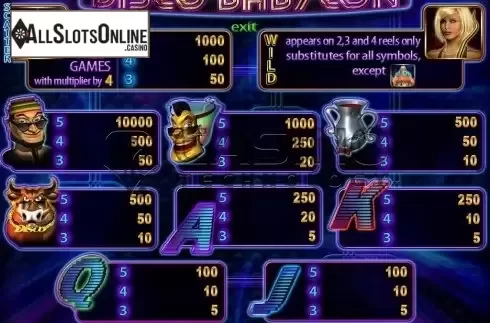 Paytable. Disco Babylon from Casino Technology