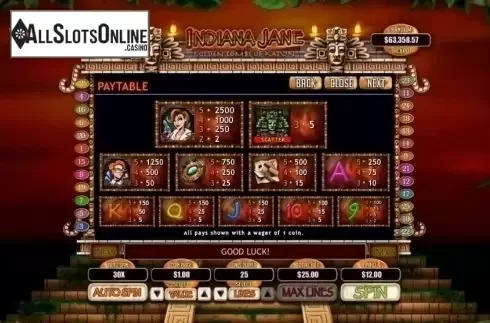 Paytable. Indiana Jane from RTG