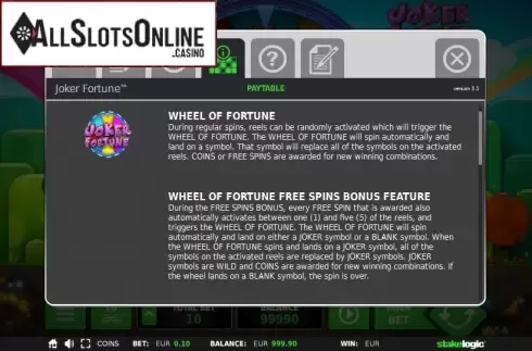 Paytable 1. Joker Fortune from StakeLogic