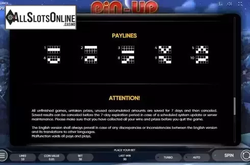 Paylines screen