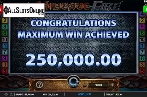 Max win screen. Valkyrie Fire from Barcrest