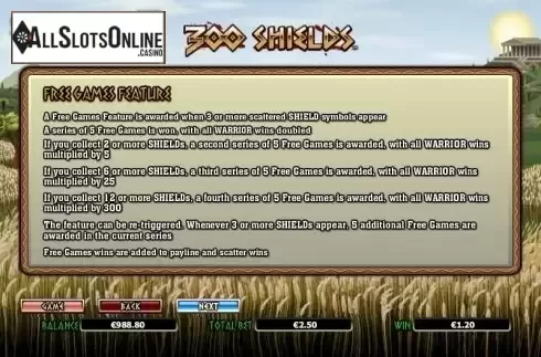 Paytable Free Spins. 300 Shields from NextGen