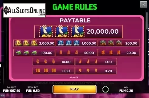 Paytable screen