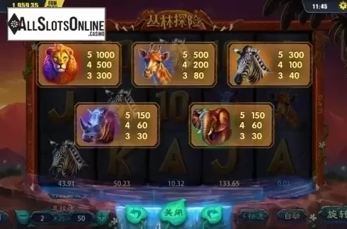 Paytable 1. Jungle Safari from Dream Tech