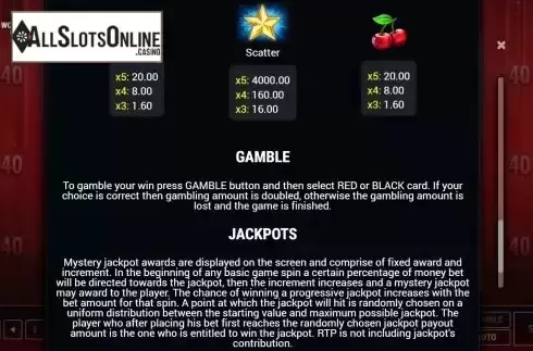 Paytable and features screen