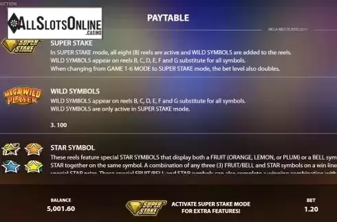 Paytable screen