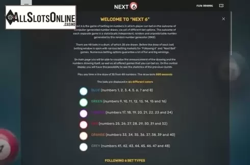 Rules screen. Next 6 from Leap Gaming