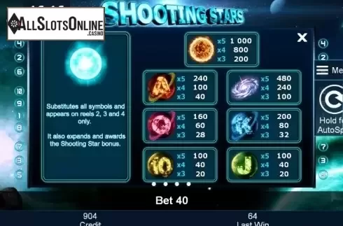Paytable 1. Shooting Stars from Greentube