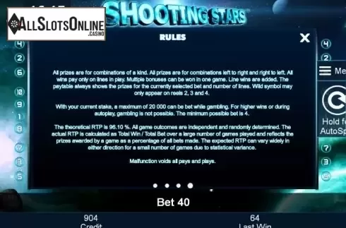 Paytable 4. Shooting Stars from Greentube