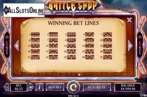 Paylines screen