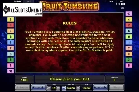 Paytable 2. Fruit Tumbling from Greentube