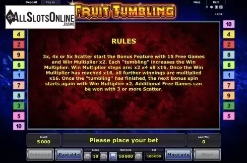 Paytable 3. Fruit Tumbling from Greentube