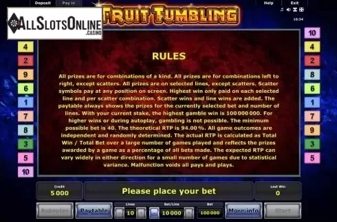 Paytable 4. Fruit Tumbling from Greentube