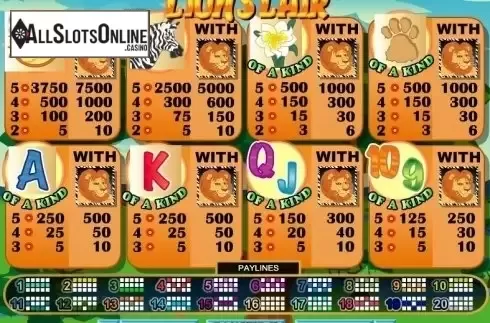 Paytable. Lions Lair from RTG