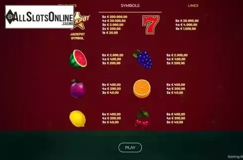 Paytable screen