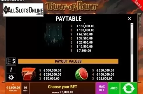 Paytable 2. Tower of Power from Gamomat