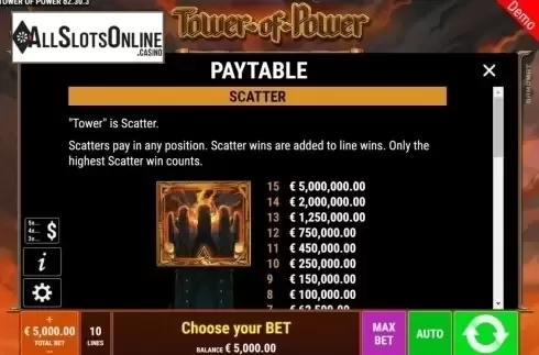 Paytable 1. Tower of Power from Gamomat