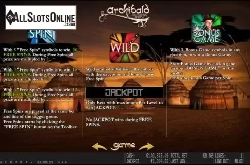 Paytable 2. Archibald Discovering Africa HD from World Match